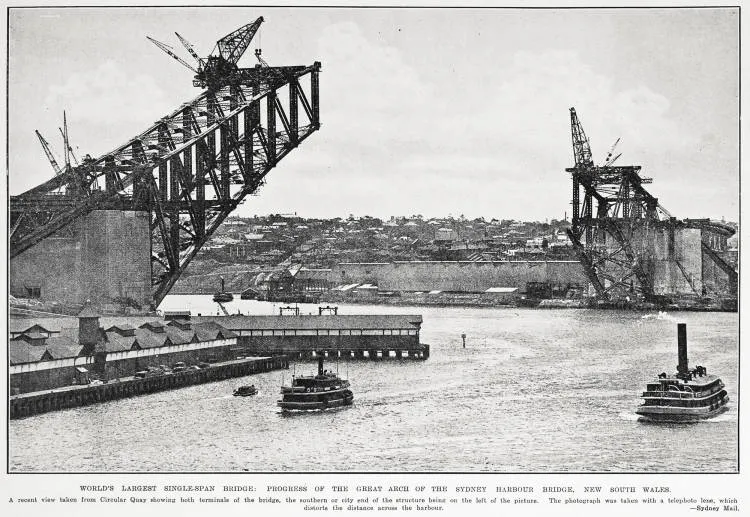 World's largest single-span bridge: progress of the great arch of the Sydney Harbour bridge, New South Wales