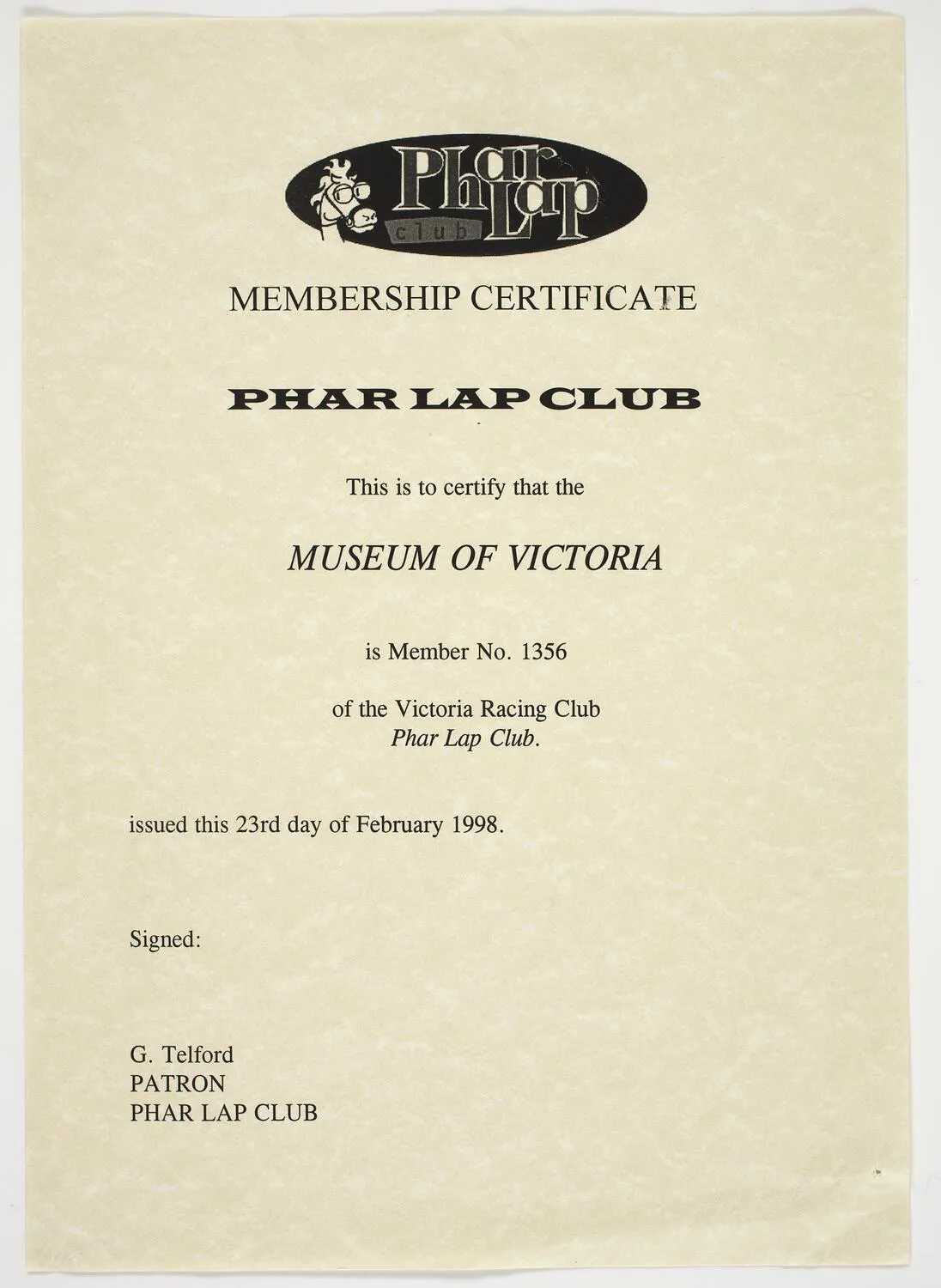 Membership Certificate - Racing Victoria, Phar Lap Club, 1998