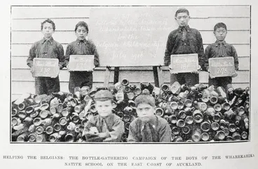 Image: Helping the Belgians: the bottle-gathering campaign of the boys of the Wharekahika Native School on the east coast of Auckland