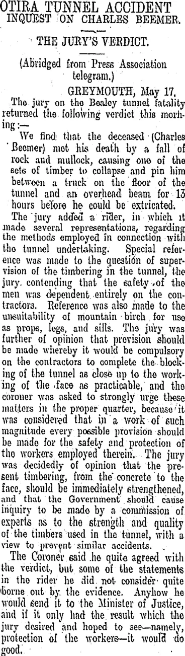 Image: OTIRA TUNNEL ACCIDENT (Otago Daily Times 18-5-1910)