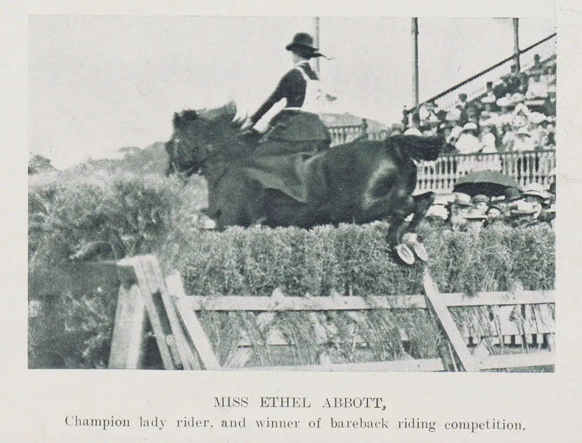 Miss Ethel Abbott, champion lady rider, and winner of bareback riding competition