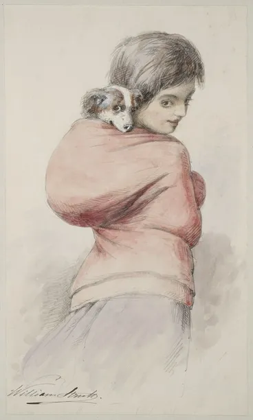 Image: Strutt, William, 1825-1915 :[Maori girl carrying a dog. 1855 or 1856]