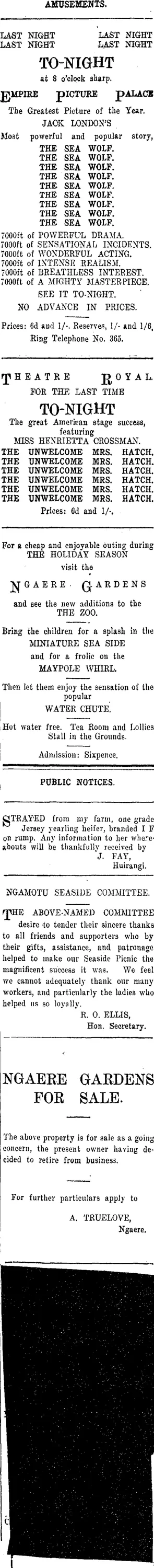 Page 1 Advertisements Column 3 (Taranaki Daily News 5-1-1916)