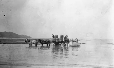 Image: Wool being loaded from a boat on to a horse drawn cart, for shipment at Pourere