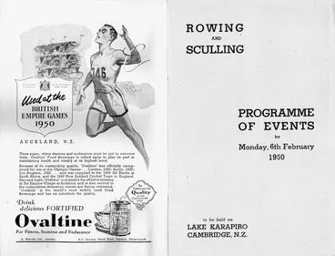 Image: British Empire Games, Auckland, New Zealand, 1950 :Rowing. Monday, 6th February at Karapiro Lake, Cambridge. Official programme. 1950.[Title and facing pages].