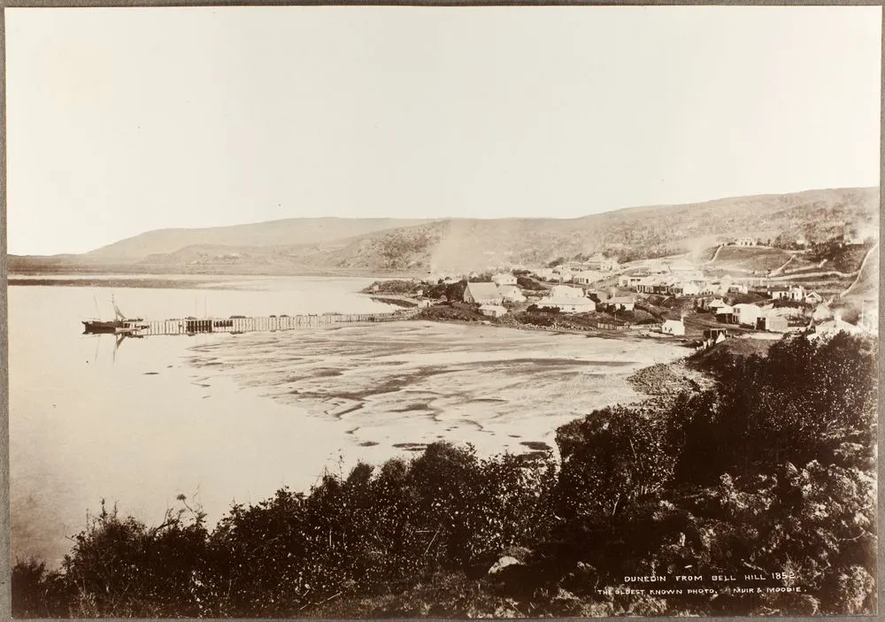 Dunedin from Bell Hill, 1852, the oldest known photo. From the album: Early Dunedin, Meluish - Burton - Muir & Moodie