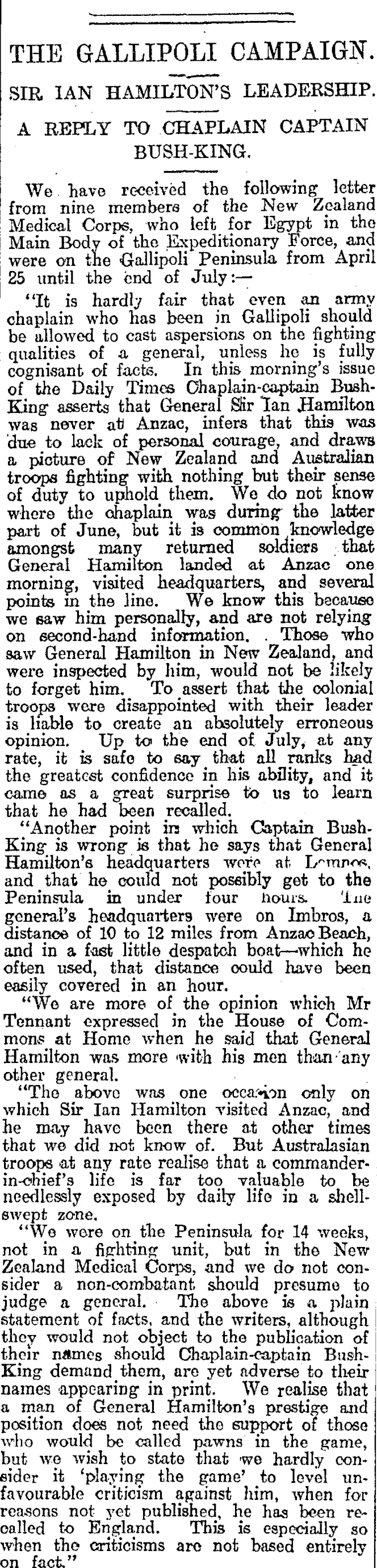 THE GALLIPOLI CAMPAIGN. (Otago Daily Times 20-11-1915)