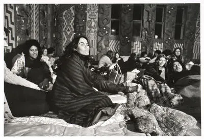 Tukaki wharenui, Te Kaha-nui-a-tiki marae, Te Kaha. Kura Rewiri-Thorsen/Rewiri, Ngahuia Volkering/Te Awekotuku, Anne Iti and Tame Iti. June 1973