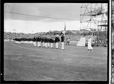 Image: English team at the 1950 British Empire Games opening, Eden Park, Auckland