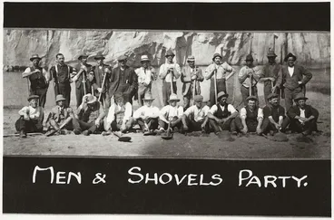 Image: Workmen who removed a sand bar, enabling water from Lake Onoke, South Wairarapa, to flow into the sea