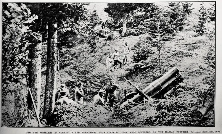How the artillery is worked in the mountains: huge Austrian guns, well screened, on the Italian frontier