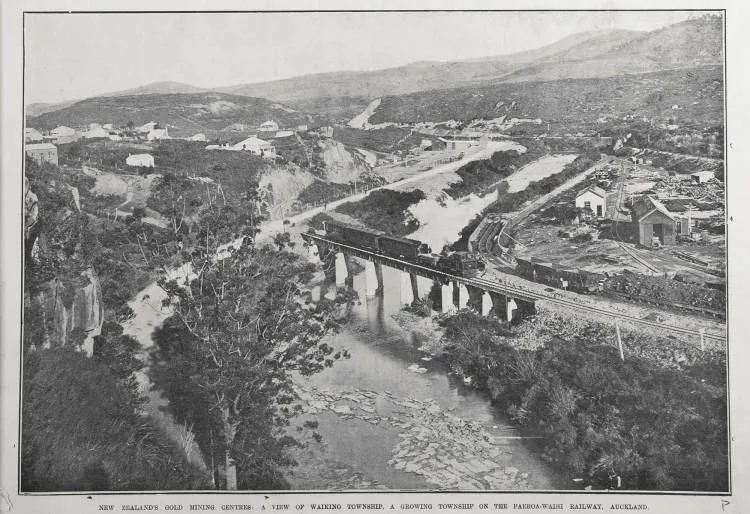 NEW ZEALAND'S GOLD MINING CENTRES: A VIEW OF WAIKINO TOWNSHIP, A GROWING TOWNSHIP ON THE PAEROA- WAIHI RAILWAY, AUCKLAND
