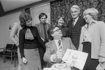 Image: David Lange and his staff, with birthday cake - Photograph taken by Merv Griffiths