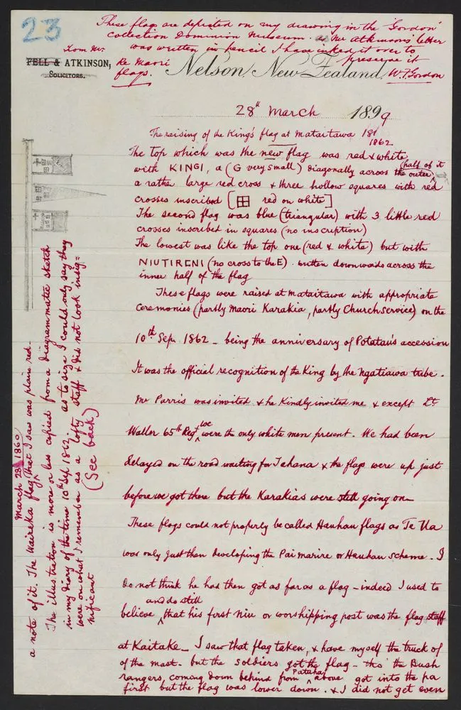 Letter to W.F. Gordon re Account of hoisting of Kingitanga flag at Mataitawa, 1862