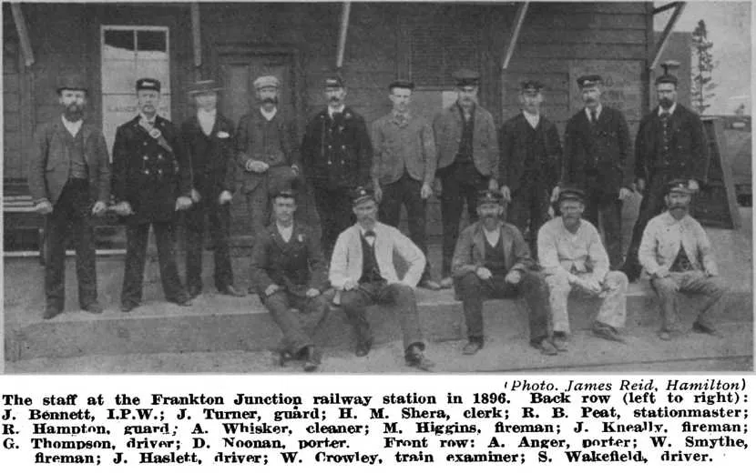 (Photo. James Reid, Hamilton) — The staff at the Frankton Junction railway station in 1896. Back row (left to right): J. Bennett, I.P.W.; J. Turner, guard; H. M. Shera, clerk; R. B. Peat, stationmaster; R. Hampton, guard; A. Whisker, cleaner; M. Higgin...