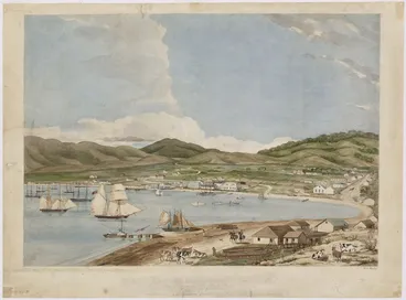 Image: Heaphy, Charles 1820-1881 :View of a part of the town of Wellington, New Zealand, looking towards the south east, comprising about one-third of the water-frontage [drawn] in September 1841 by C Heaphy, Draftsman to the New Zealand Company