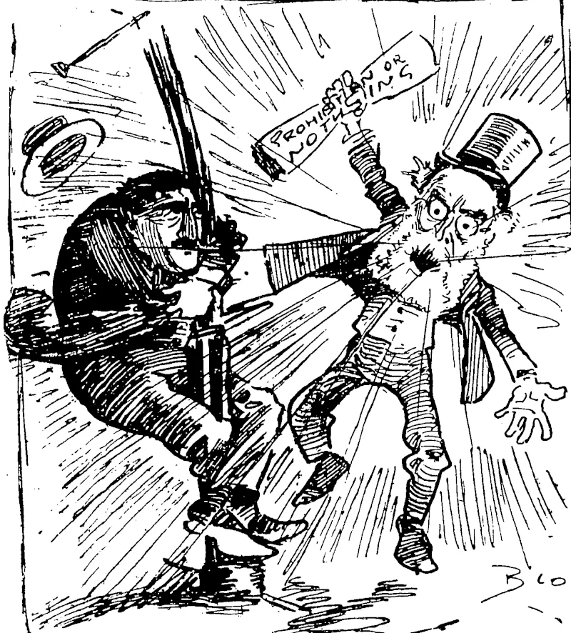 A TORNADO.  Fred Baume, M.P. (meeting prohibition Richardson in windy Wellington) : Hold there, Willinm ! As if there was not enough wind here without you coming down and raising a hurricane. (Observer, 04 December 1909)