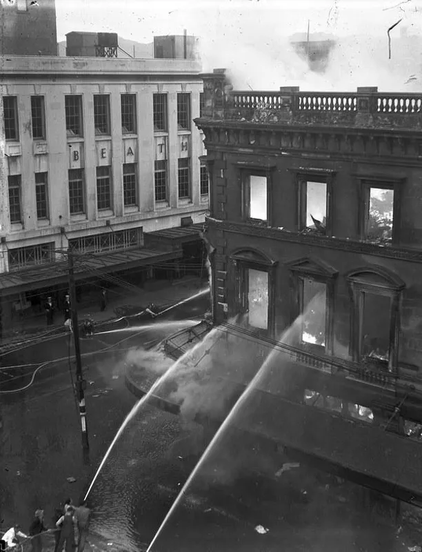 Fire. Ballantyne's Department Store, 18 November !947, Corner Colombo Street and Cashel Street, Christchurch, New Zealand.