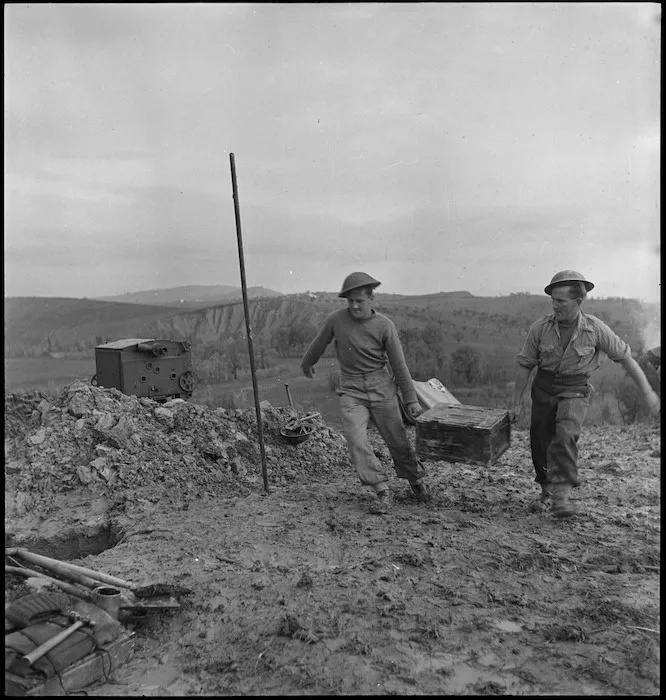 Ammunition for a NZ anti aircraft gun is brought forward on the Italian Front, World War II - Photograph taken by George Kaye