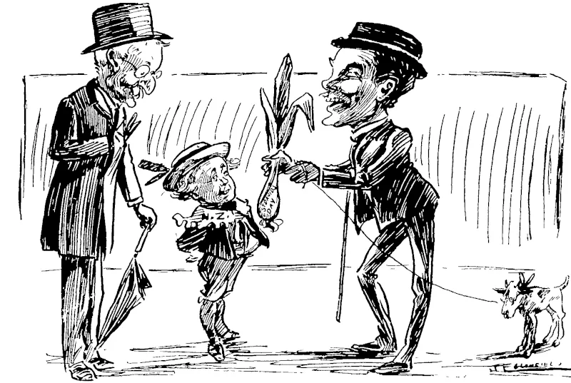 ST. DAVID'S DAY.—SHALL NEW ZEALANDERS WEAR THE  LEEK?  At the Wellington celebration of St. David's day Dr. Tudor Jones said they should see to it that their patron saint was honoured in New Zealand just like St. Patrick, St. George, and St. Andiew.—News item.  Dr. Tudo) Jones: Now, I'm sure Mr. Hall-Jones, who must be a Welshman too, won't mind you wearing this nice fragrant leek in your button-hole. Just see huw much finer it is than the thistle and the rose and the shamrock you have got already.  Daddy Hall-Jones: Well, I don't mind him wearing it, but he must take  care he doesn't swallow it. (New Zealand Free Lance, 09 March 1907)