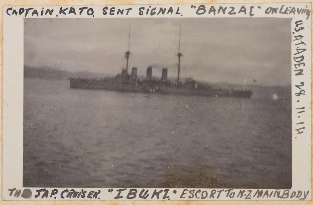 The Japanese Cruiser 'Ibuki', escort to New Zealand main body. From the album: Photograph album of Major J.M. Rose, 1st NZEF
