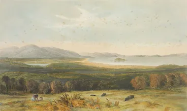 Image: Port Nicholson from the hills above Pitone in 1840.