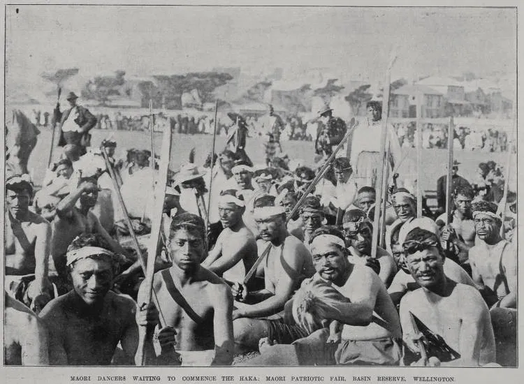 Maori dancers waiting to commence the Haka at the Patriotic Fair, Basin Reserve, Wellington
