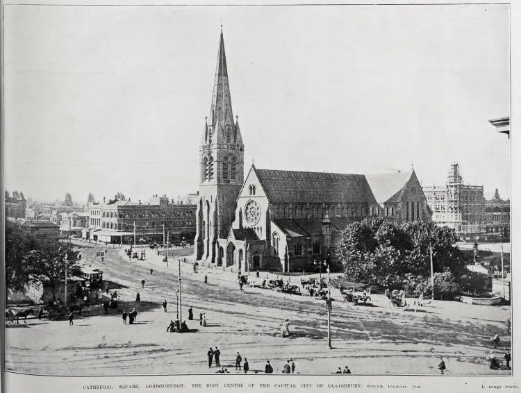 CATHEDRAL SQUARE, CHRISTCHURCH: THE BUSY CENTRE OF THE CAPITAL CITY OF CANTERBURY, SOUTH ISLAND, N.Z.