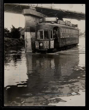 Image: Tram 222 passing under Morningside railway overbridge on flooded road