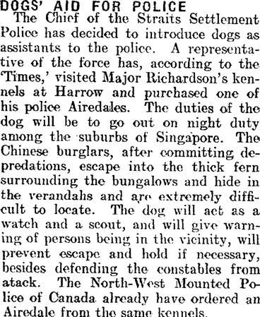 Image: DOGS' AID FOR POLICE. (Mataura Ensign 7-7-1911)