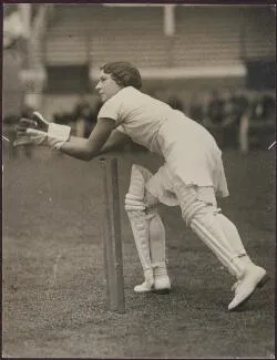Betty Snowball as the wicketkeeper, reaching for the oncoming ball, English women's cricket team, tour of Australia and New Zealand 1934-35