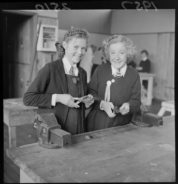 Image: Two girls at metal working class, South Wellington Intermediate School
