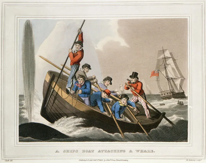 Clark, John Heaviside, ca 1771-1863 :A ship's boats attacking a whale; shooting the harpoon / J. H. Clark del; Dubourg sculp. London, H. R. Young, 1814.