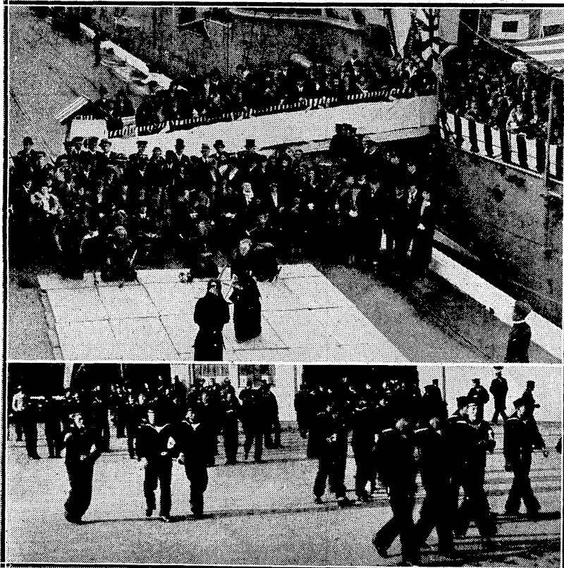 Evening Post"- Photo. JAPANESE ADMIRALENTERTAINS, HIS GUESTS;-rAt>top,;viSUorS tojk&Japanese flagsUpyesterday.afternoon watching a> fencing display on the wharf alongside .the Asama. Below, men oh shore leave ■'. '■. '■■■.■ '"■ '■■■■~'■■ ■ • ; hurrying towflrds the city. , { ' . (Evening Post, 03 June 1932)