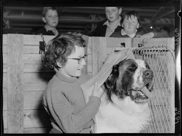 Image: Young girl Irene Halder with a dog, winner of best St Bernard at the 1956 National Dog Show