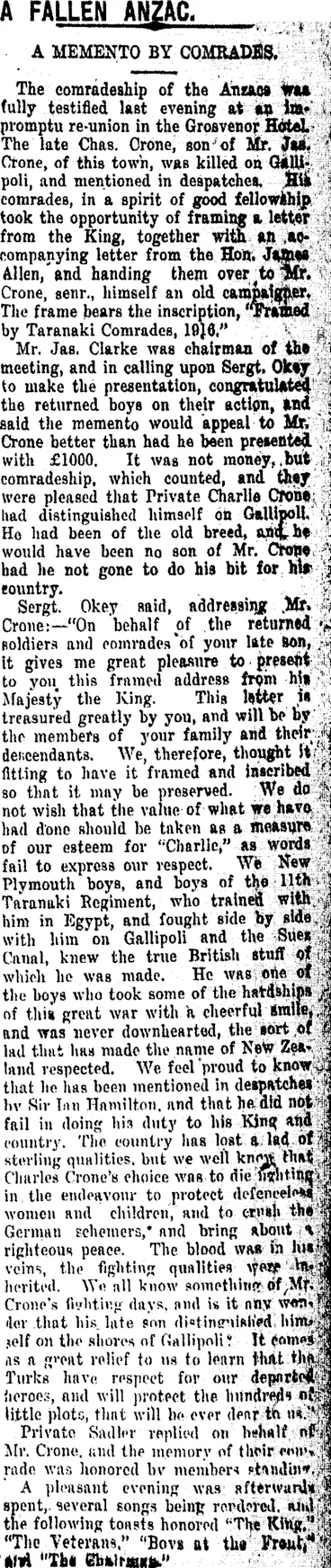 Image: A FALLEN ANZAC. (Taranaki Daily News 4-5-1916)