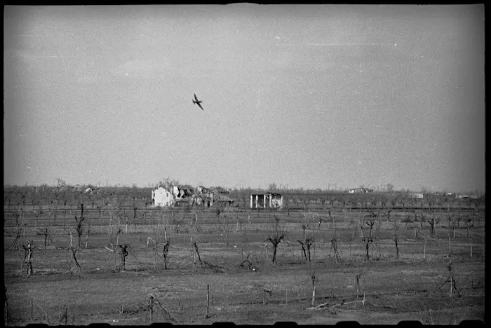 Allied planes strafing enemy positions in the Senio River sector in Italy, World War II - Photograph taken by J Short