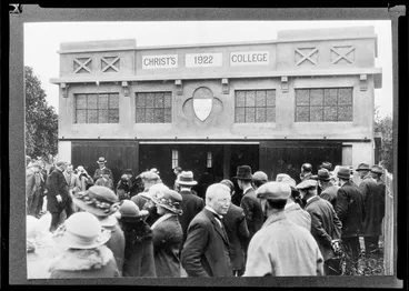 Image: Group of adults outside Christ's College, Christchurch