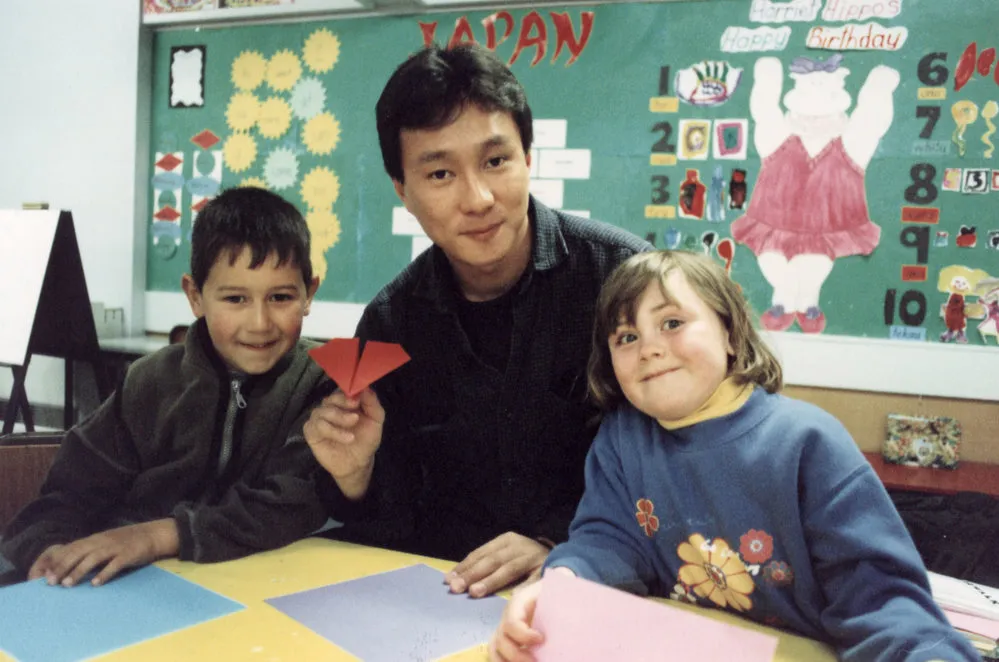 Totara Park School; Japanese intern Masayuki Myauchi with Caleb Plumridge and Deborah Marinan.