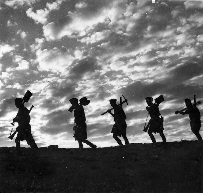 World War II New Zealand infantry setting out for manoeuvres in the Western Desert, Egypt