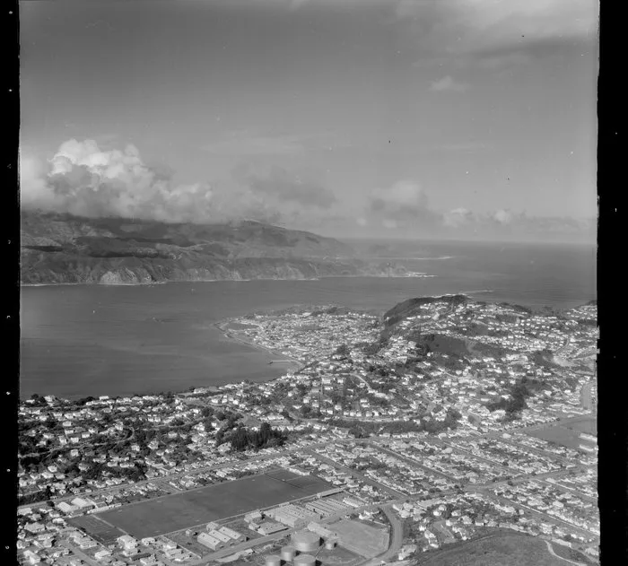 Miramar Peninsula, Wellington, featuring suburbs Miramar and Seatoun with Pencarrow Head in the background