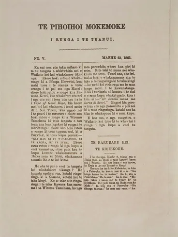 Image: Newspaper – Te Pihoihoi Mokemoke i runga i te Tuanui, No 5, Maehe 23, 1863