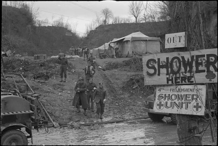 General view of the shower unit attached to 4 NZ Field Hygiene Section on the Cassino Front, Italy, World War II - Photograph taken by George Kaye
