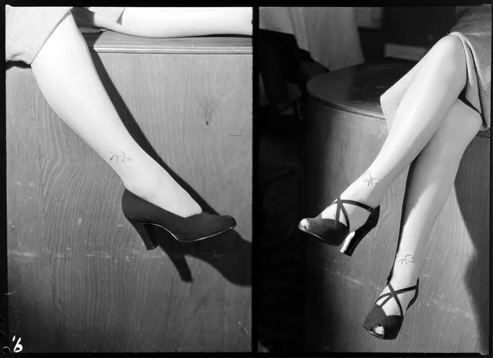Feet modelling high heeled shoes & jewelled stockings [two images]