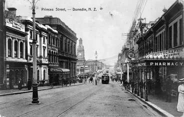 Image: View of business premises and trams in Princes Street, Dunedin
