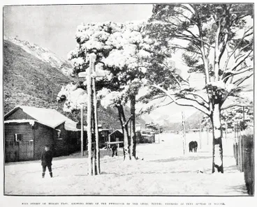 Image: Main street of Bealey Flat, showing some of the dwellings of the Otira Tunnel workers as they appear in winter