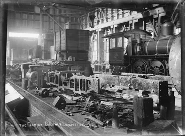 Image: The framing of N class steam locomotive, NZR 37, 2-6-2 type, at the Petone Railway Workshops.
