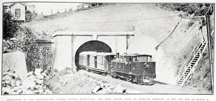 Completion of the long-required Parnell Tunnel duplication: The first inward train to Auckland emerging at the city end on 28 March