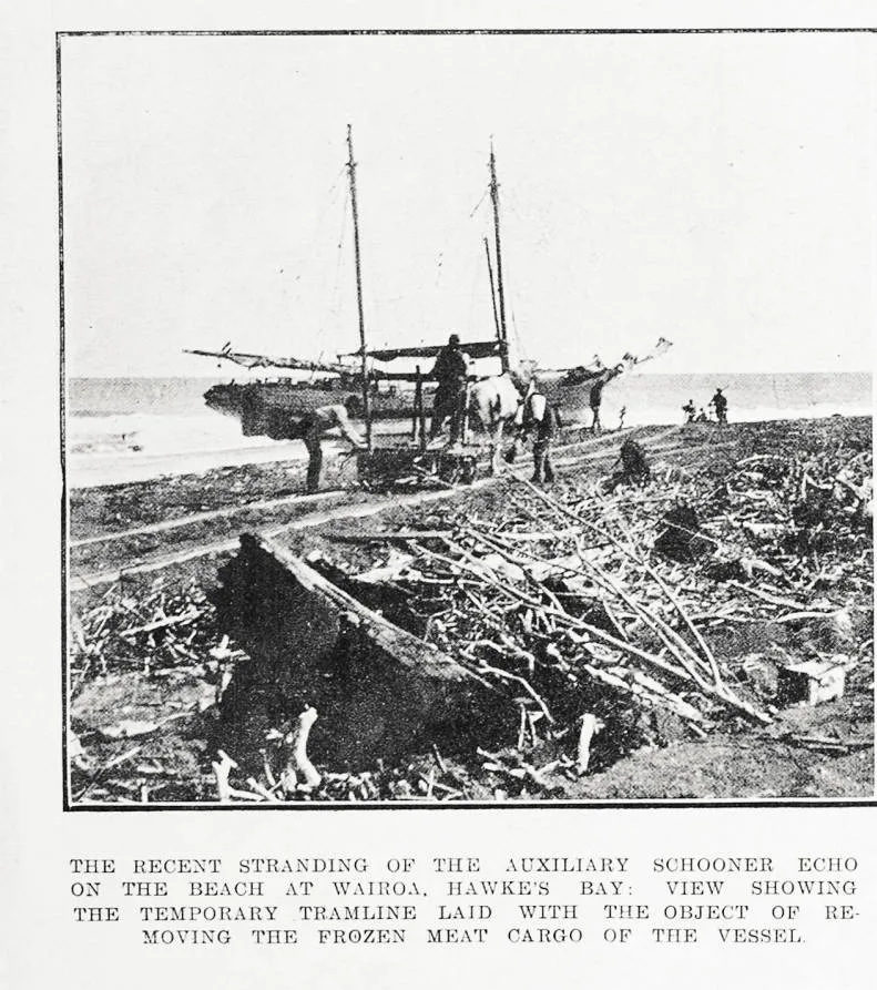 The recent stranding of the auxiliary schooner Echo on the beach at Wairoa, Hawke's Bay