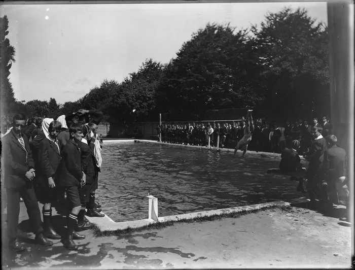 Diving demonstration, Christ's College swimming pool, Christchurch